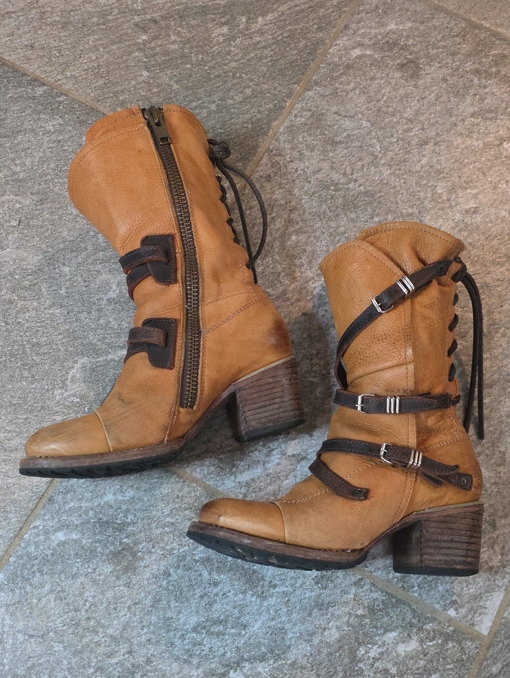 Freebird Cora Tan Leather Buckle Boots - Brown Strap Detail Size 8 - Picture 6 of 15
